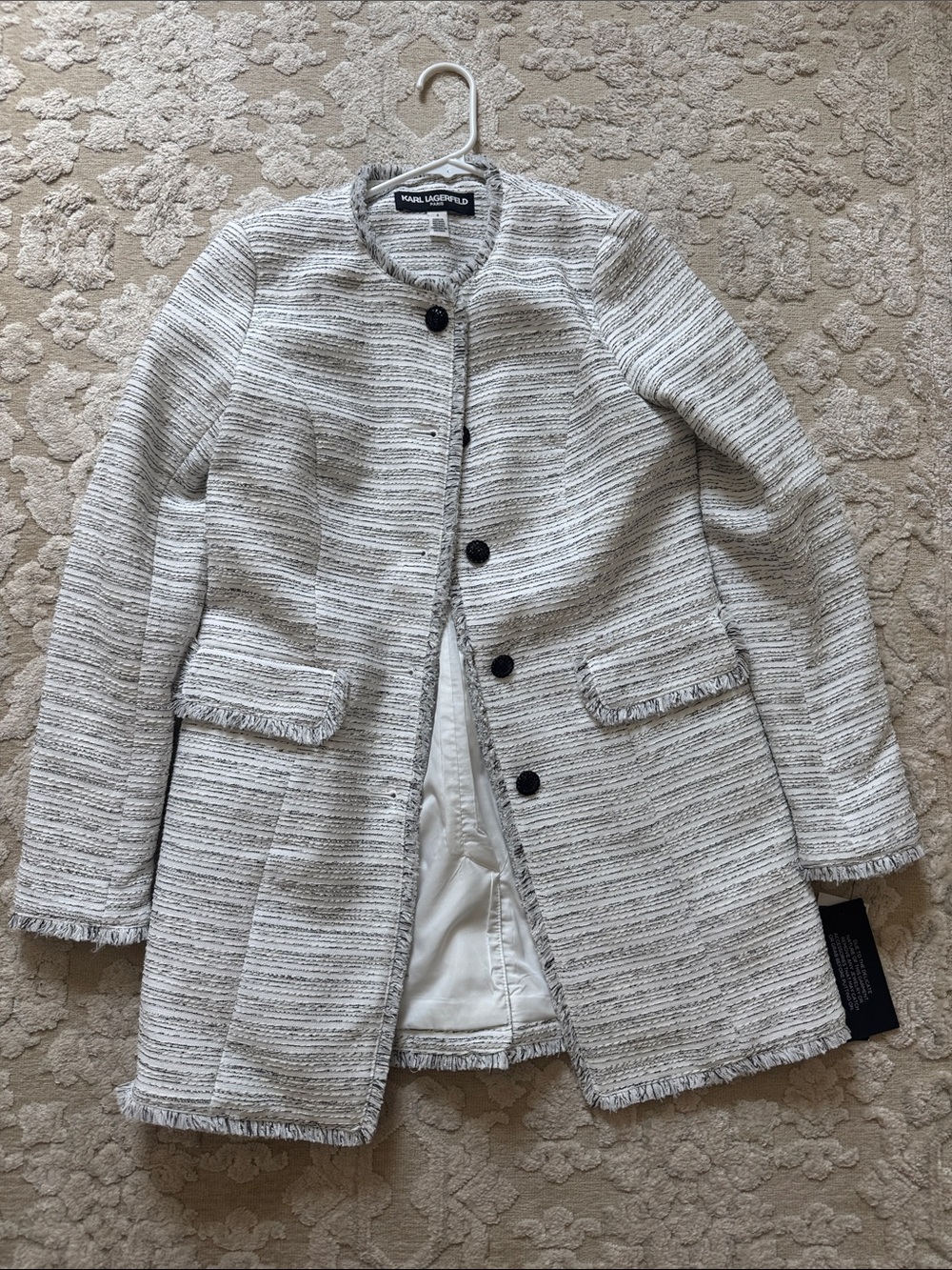 NWT Karl Lagerfeld Tweed Jacket with Fringe Trim
